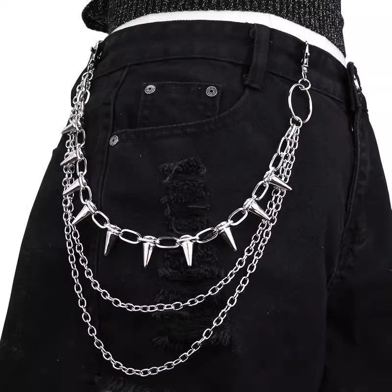 Silver metal double layer trousers chain with zipper and punk rivet details