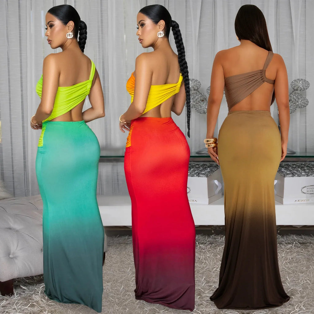 Women's gradient colour long summer dress with cross-shoulder straps and high waist design