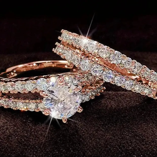2 in 1 fashion female ring set in alloy with diamond treatment showing silver gold rose gold colours