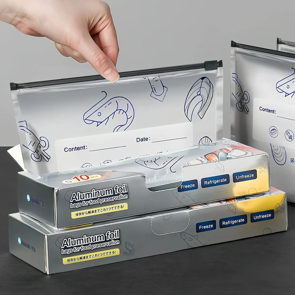 Pack of ten aluminium foil sealed food storage bags in small, medium, and large sizes.