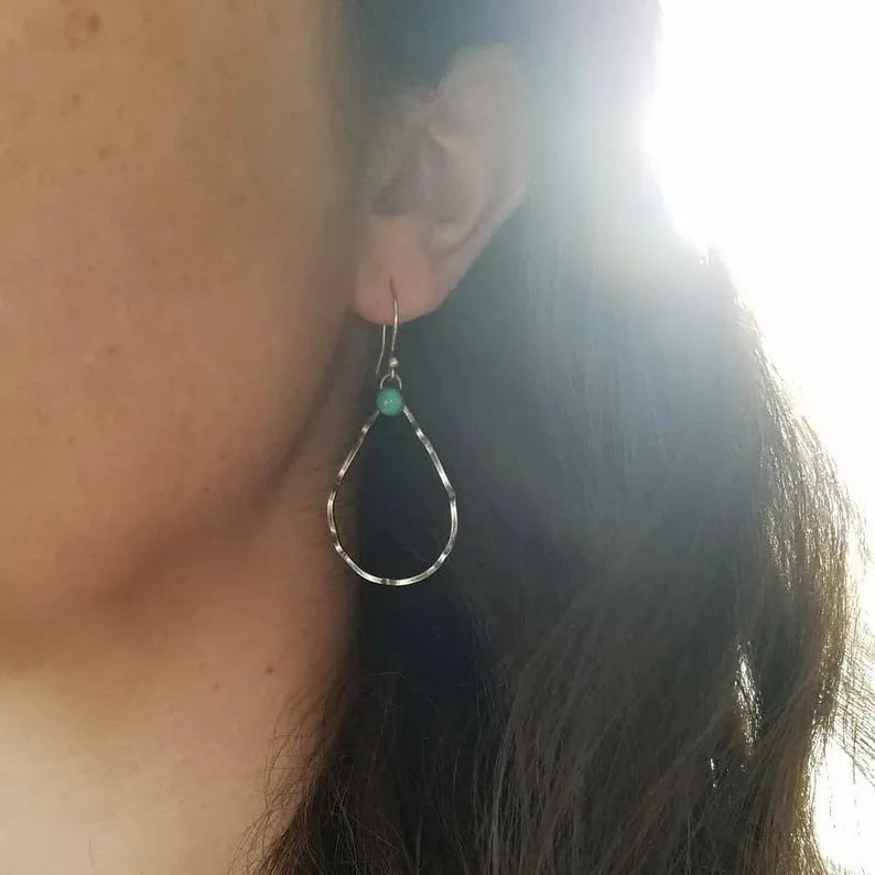 Geometric circle bohemian earrings in antique silver with turquoise accents