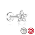 S925 sterling silver stud earrings with geometric petal design in platinum colour on ear.