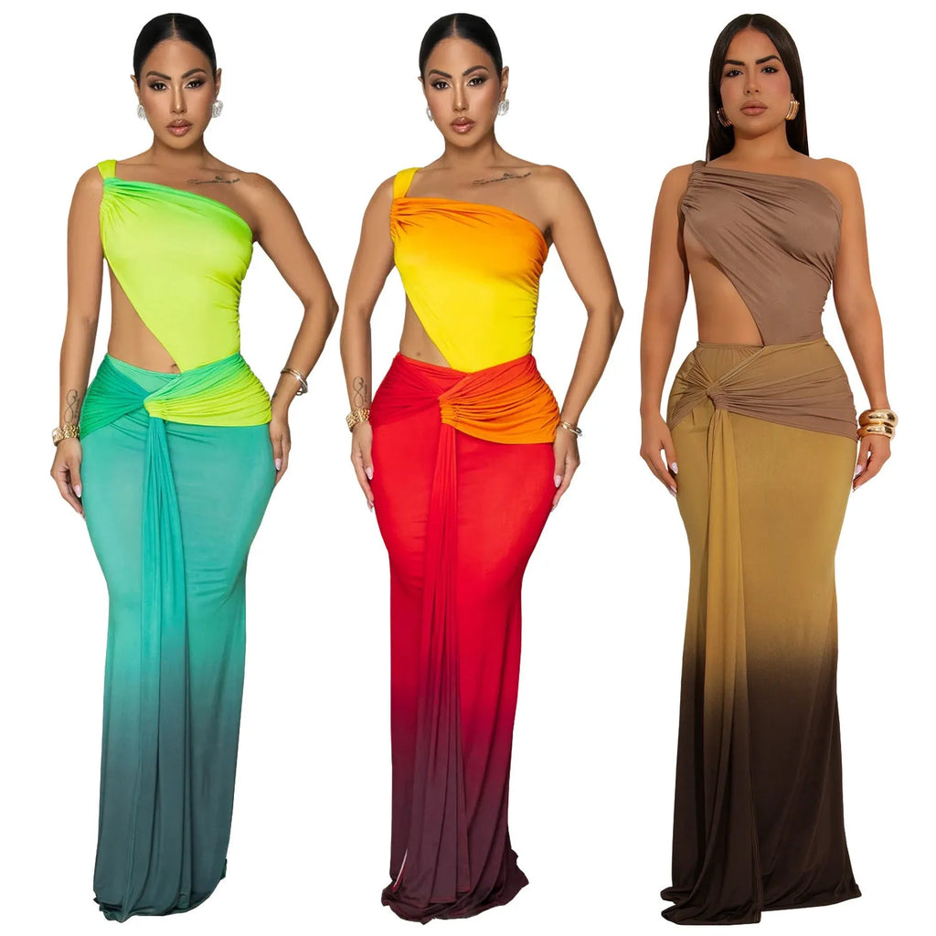 Women's gradient colour long summer dress with cross-shoulder straps and high waist design