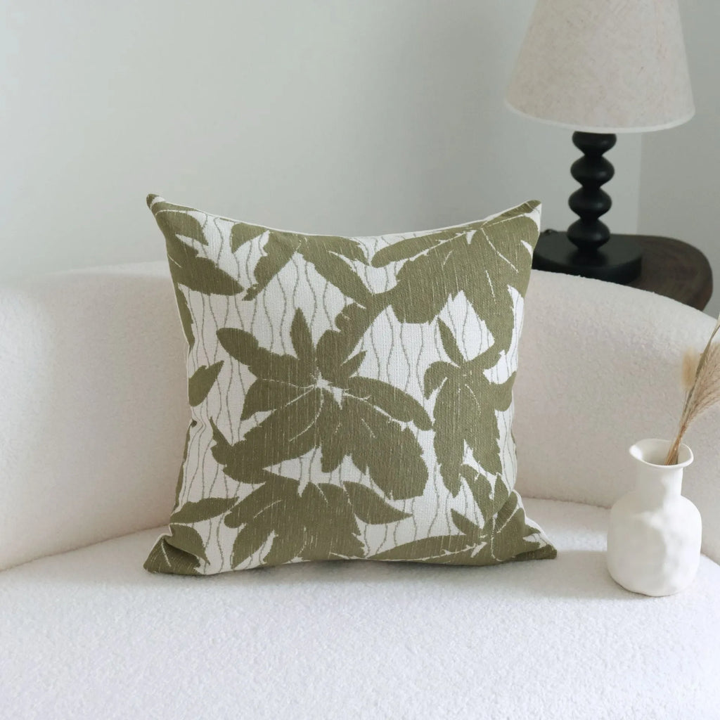 Silent Wind green cotton linen hotel pillow with striped botanical pattern and tassel trim in multiple size options