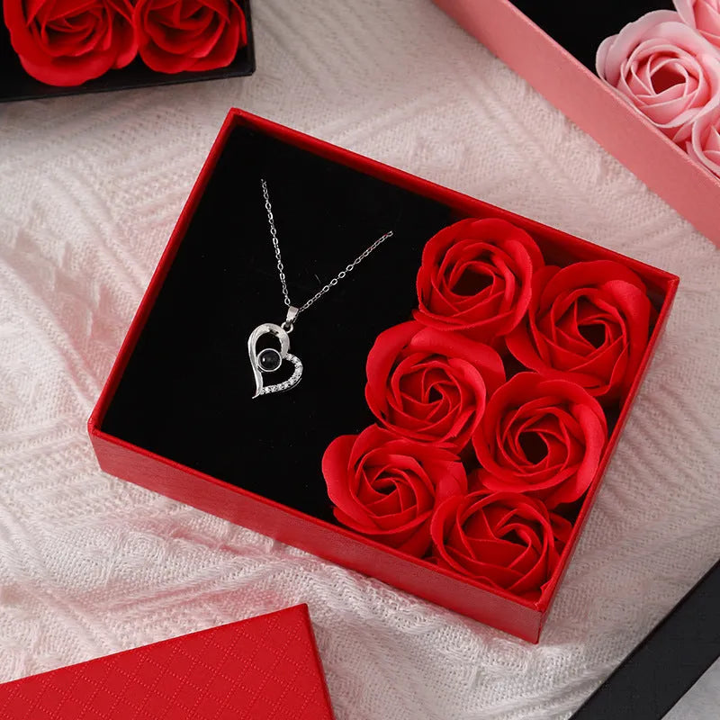 Korean style red soap flower gift set with six roses in a box and handbag