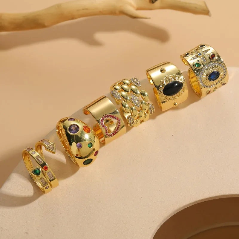 Geometric Chinese style vintage ring with electroplated black finish and zircon accents on copper base