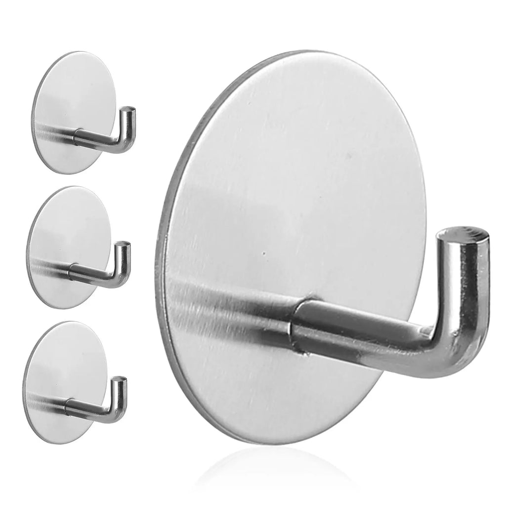 Black and polished stainless steel self-adhesive round hooks for bathroom and kitchen.