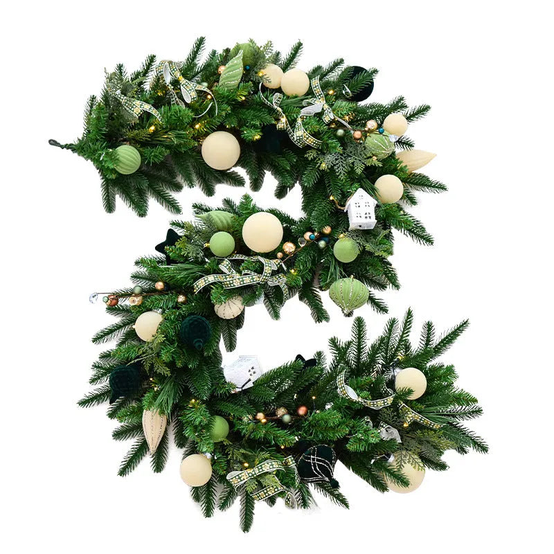 1.8m PE leaf Christmas garland in green and white with lights, European style, single vine piece