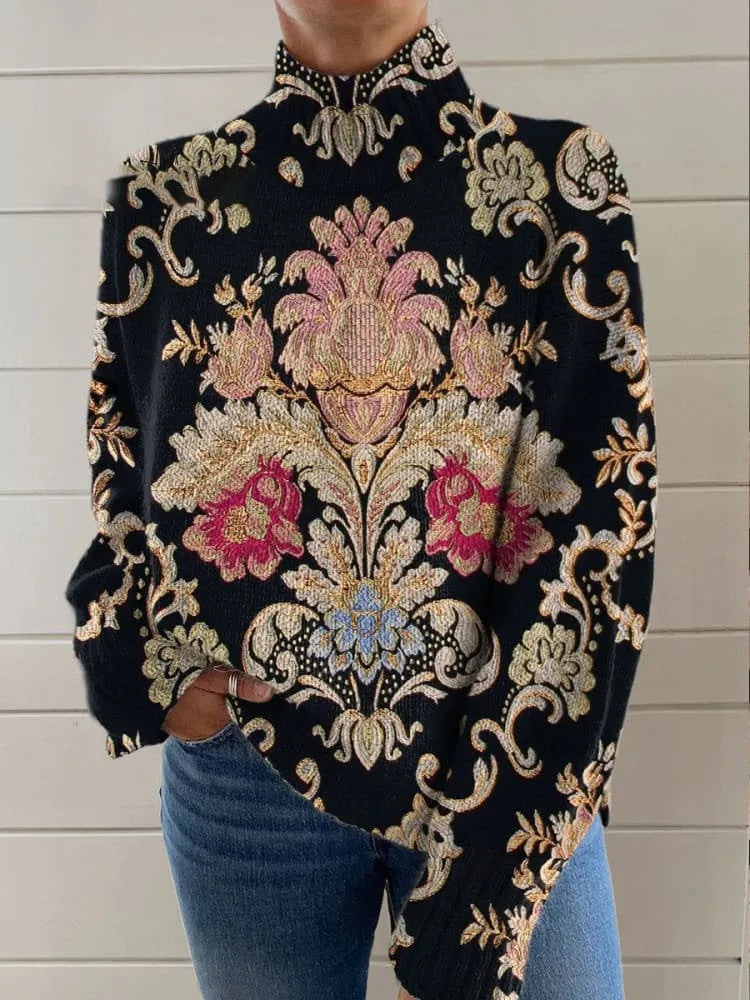 Black line 3D pattern turtleneck long sleeve sweater with loose fit Japanese Korean style