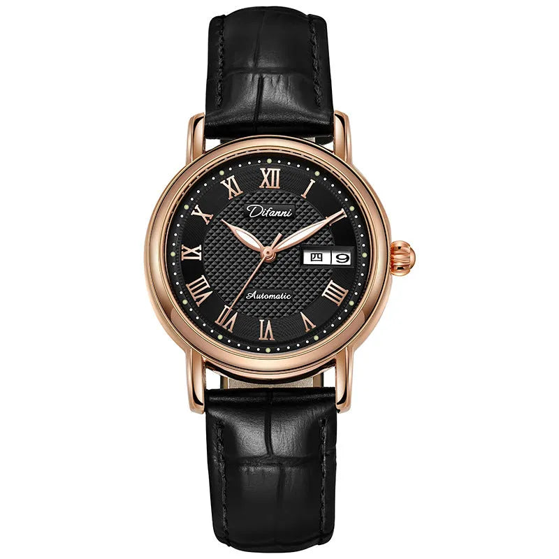 Women's automatic watch with 12mm case on steel bracelet and leather strap options