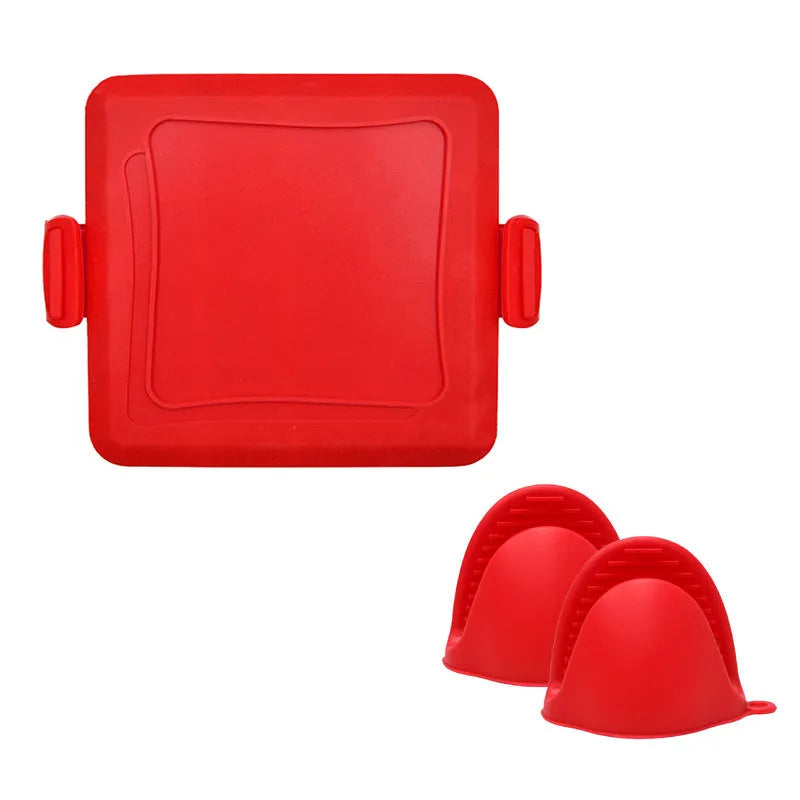 Red silicone baking tray with matching anti-scald gloves for cake making