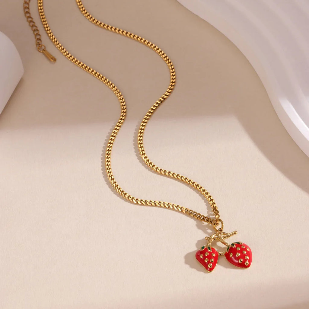 Strawberry fruit pendant necklace in stainless steel with red or white colour options