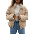 Women's apricot corduroy wadded jacket with stand collar and full-length zipper in European street fashion style