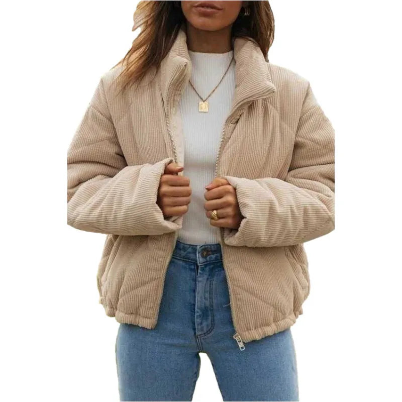 Women's apricot corduroy wadded jacket with stand collar and full-length zipper in European street fashion style