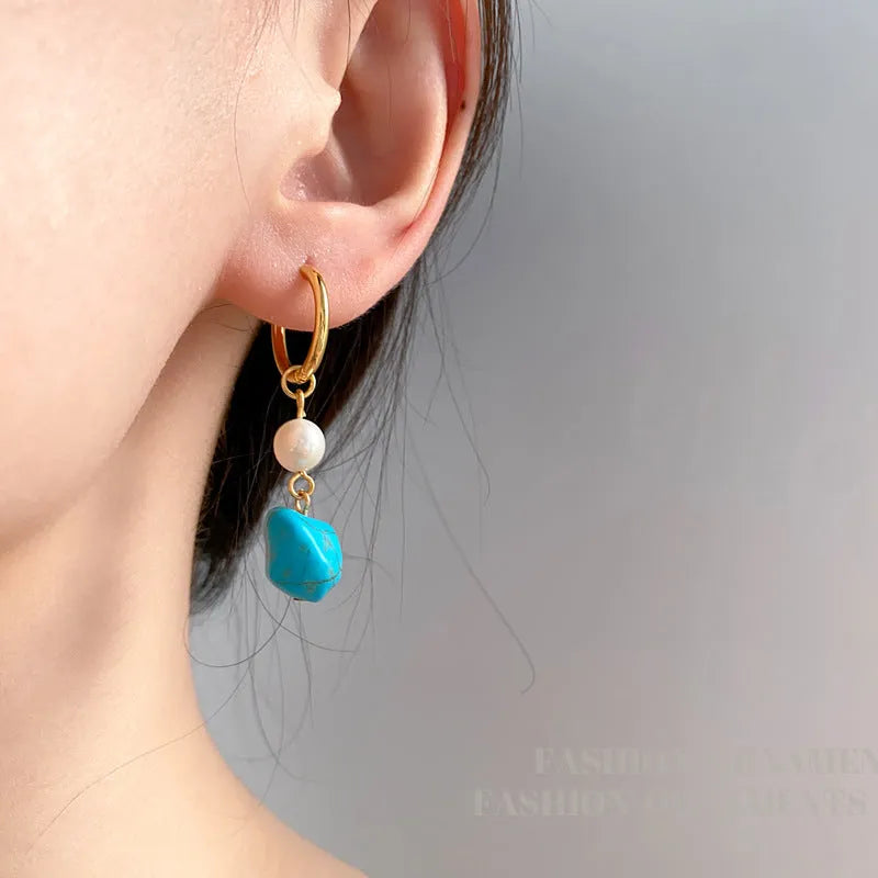 Geometric copper clip-on earrings with irregular turquoise cultured pearl in European style