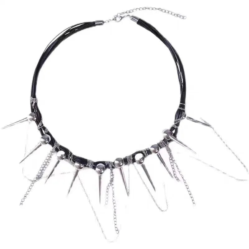Leather winding tassel necklace with round beads and rivet accents for women