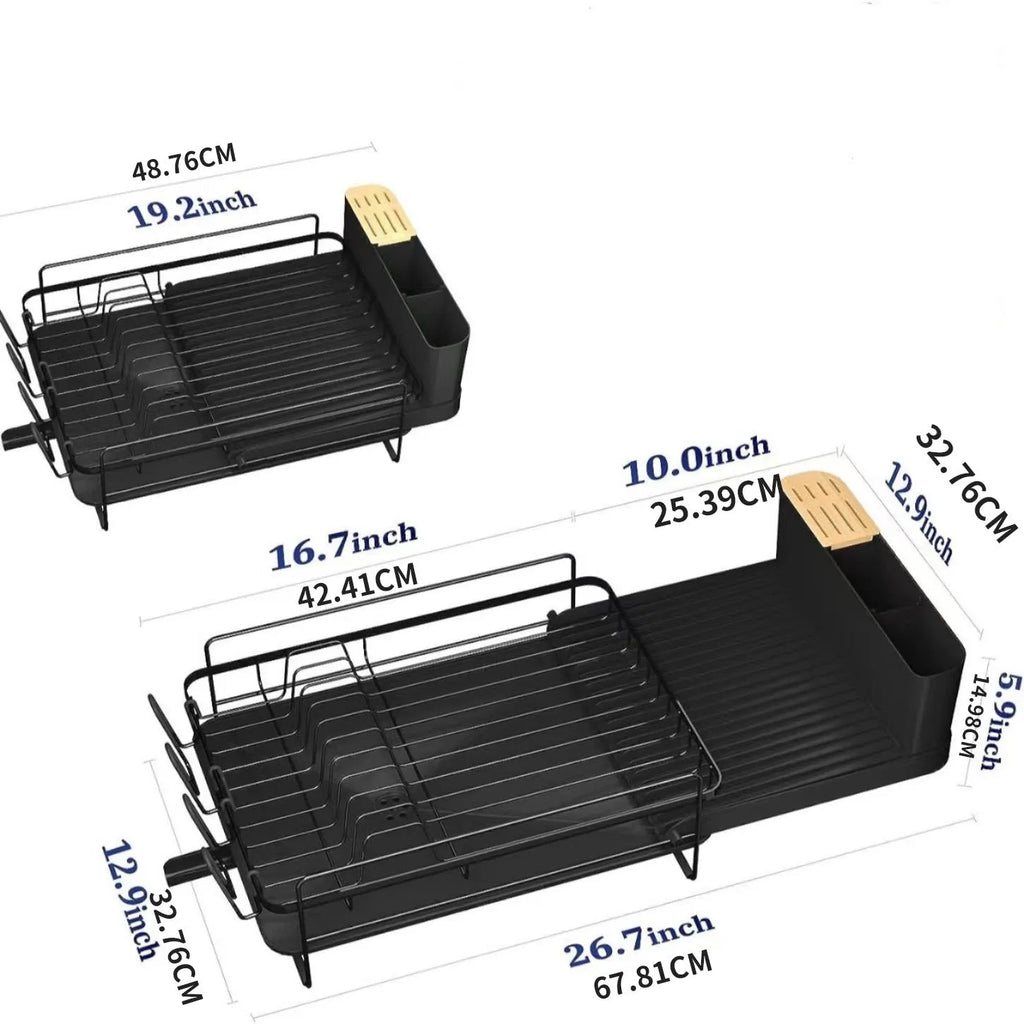 Carbon steel foldable kitchen drain rack for cutlery and cups on a countertop.