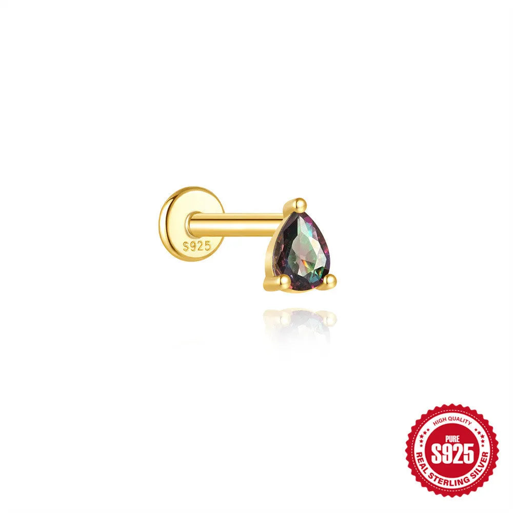 S925 sterling silver thread piercing earrings with rainbow stone in gold colour variations
