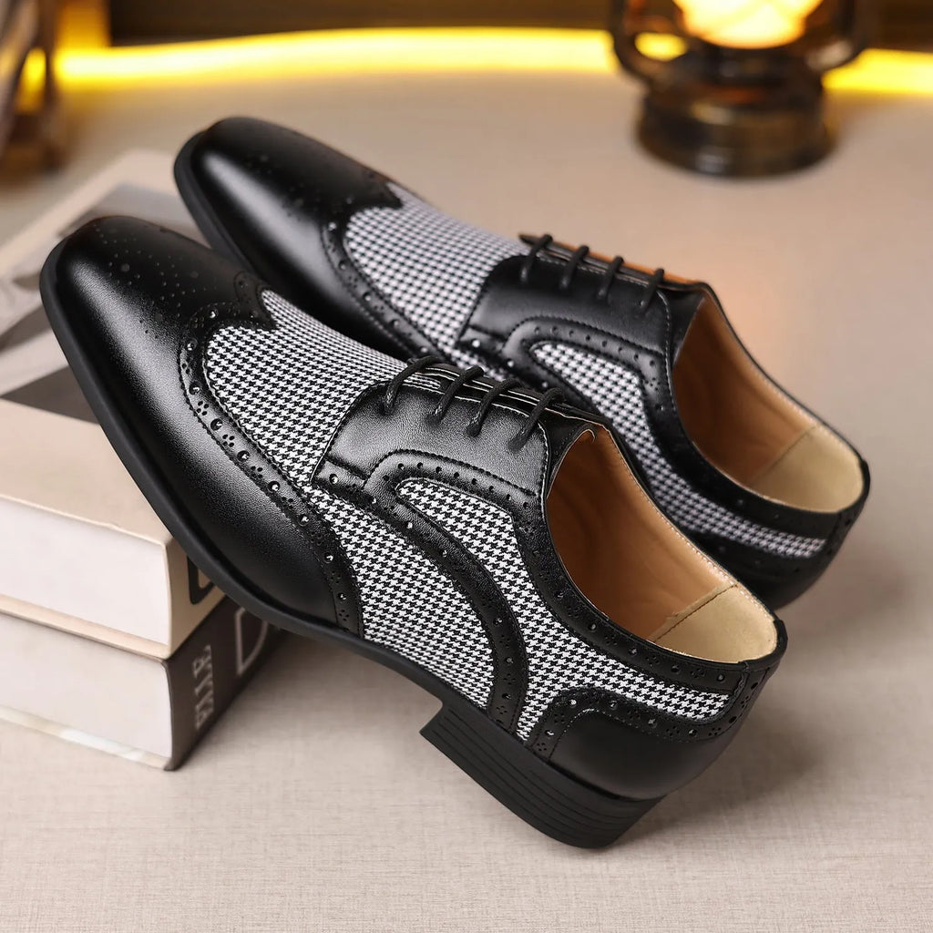 Men's houndstooth plaid casual shoes with canvas upper, rubber sole, and square toe in multiple colours.