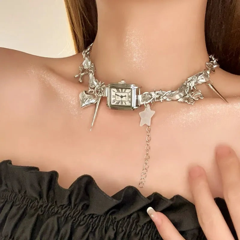 Dark women's multi-layer alloy necklace with cross pendant and twin clavicle chains