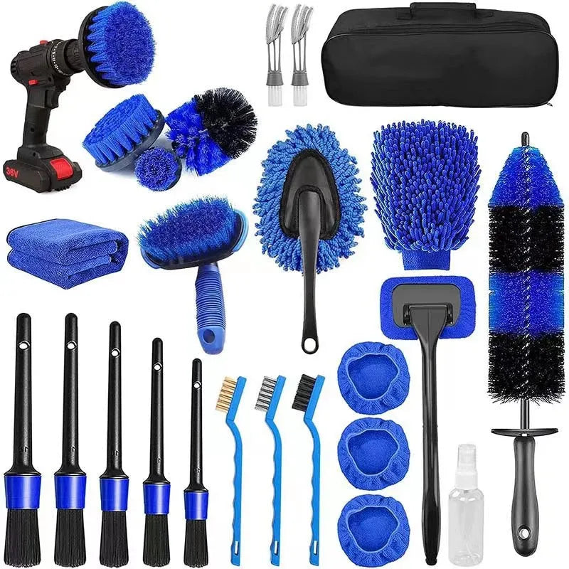 26-piece car cleaning brush set with various tools for vehicle interior and exterior washing