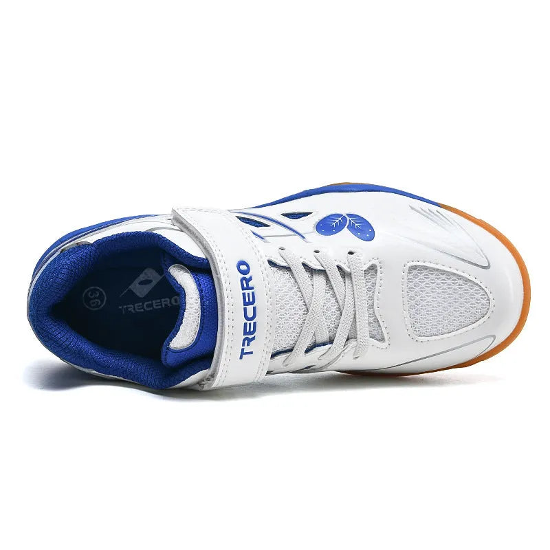 White and blue badminton shoes with ribbed PVC soles and low-top wedge heel design