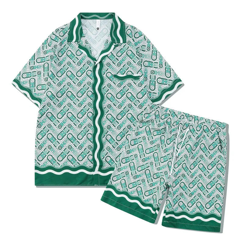 Men's plaid short sleeve shirt and trousers beach outfit in European American style