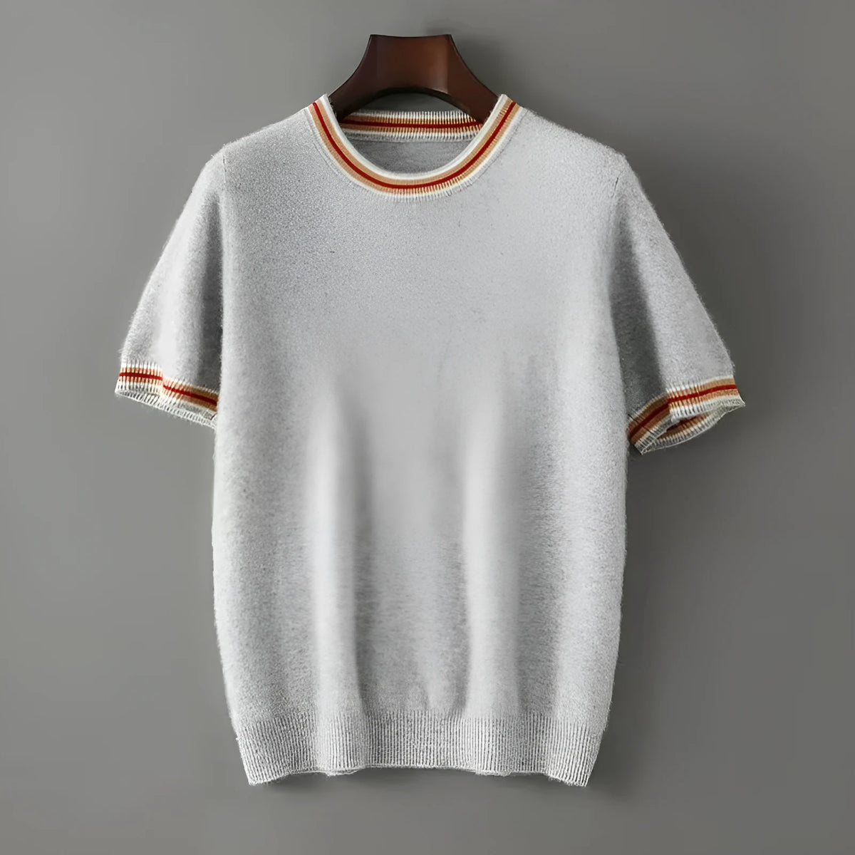 Men's grey short sleeve round neck wool sweater laid flat