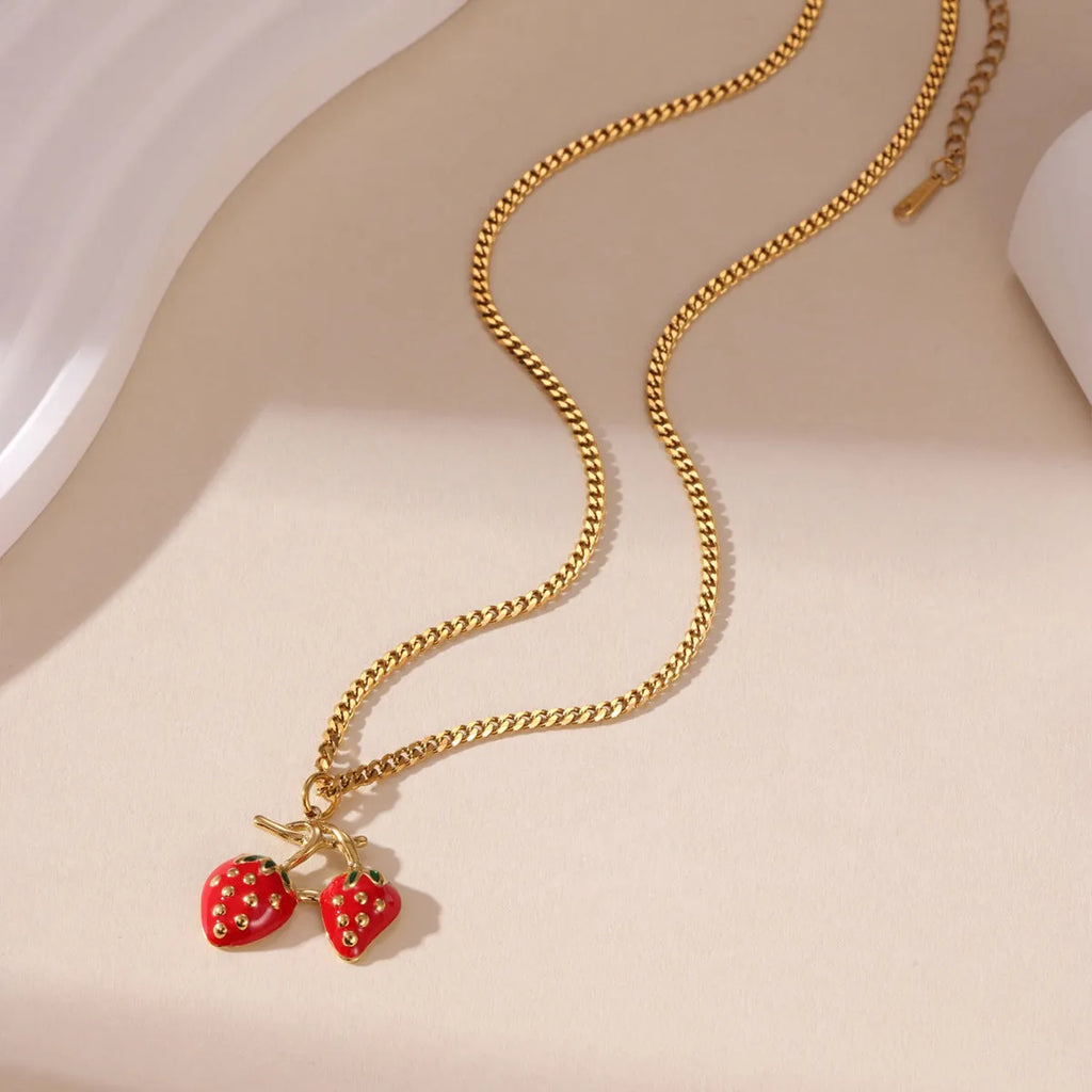 Strawberry fruit pendant necklace in stainless steel with red or white colour options