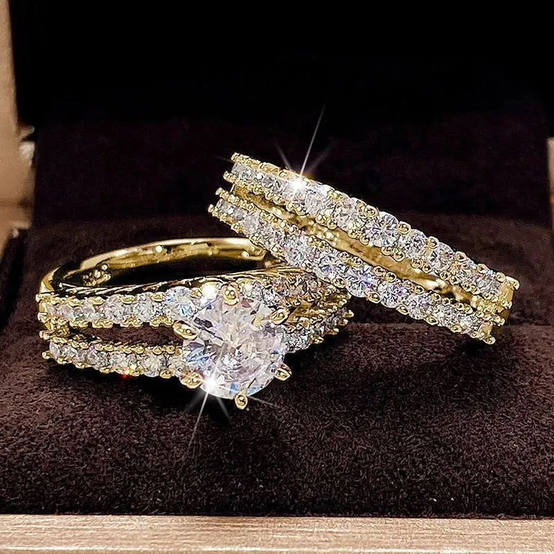 2 in 1 fashion female ring set in alloy with diamond treatment showing silver gold rose gold colours
