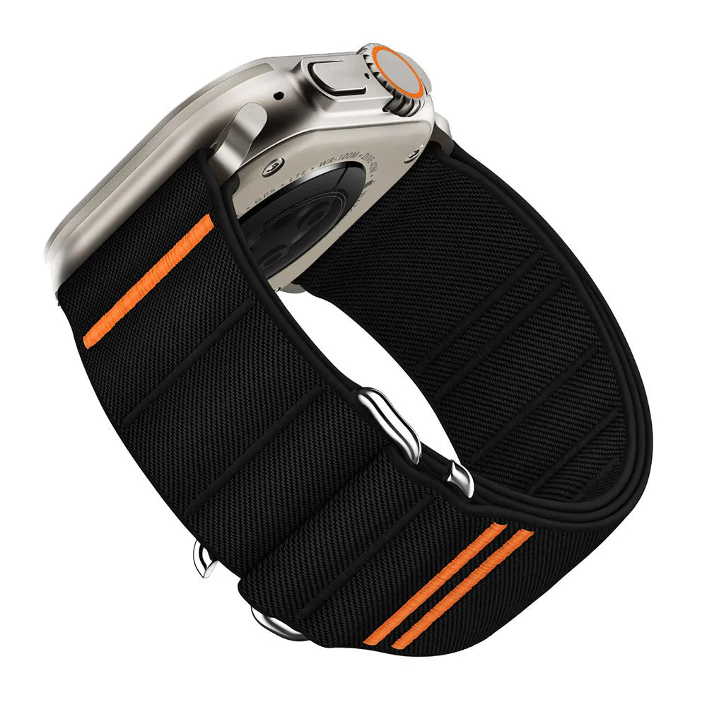 Elastic nylon Apple Watch compatible band with stainless steel buckle in sports style design