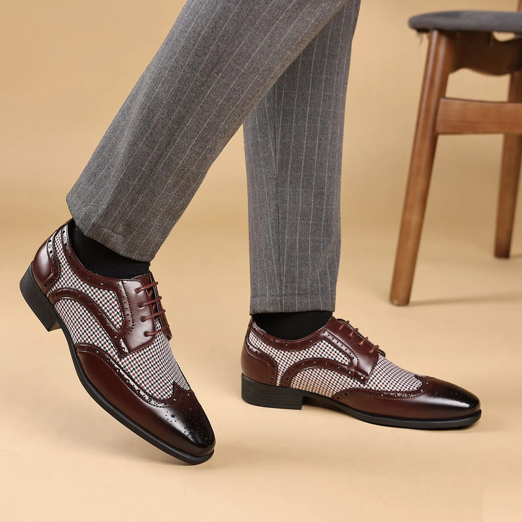 Men's houndstooth plaid casual shoes with canvas upper, rubber sole, and square toe in multiple colours.