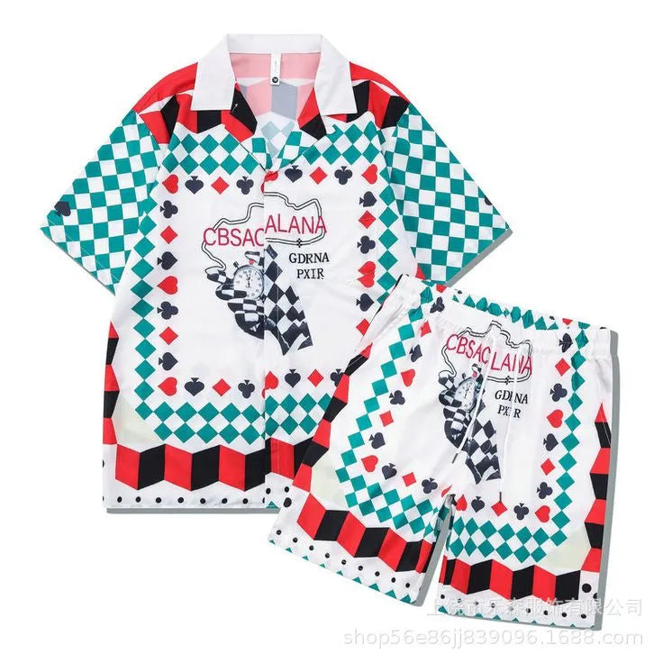 Men's plaid short sleeve shirt and trousers beach outfit in European American style