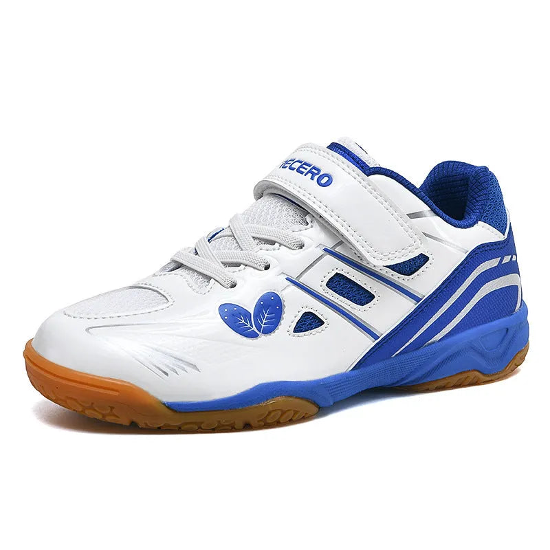 White and blue badminton shoes with ribbed PVC soles and low-top wedge heel design
