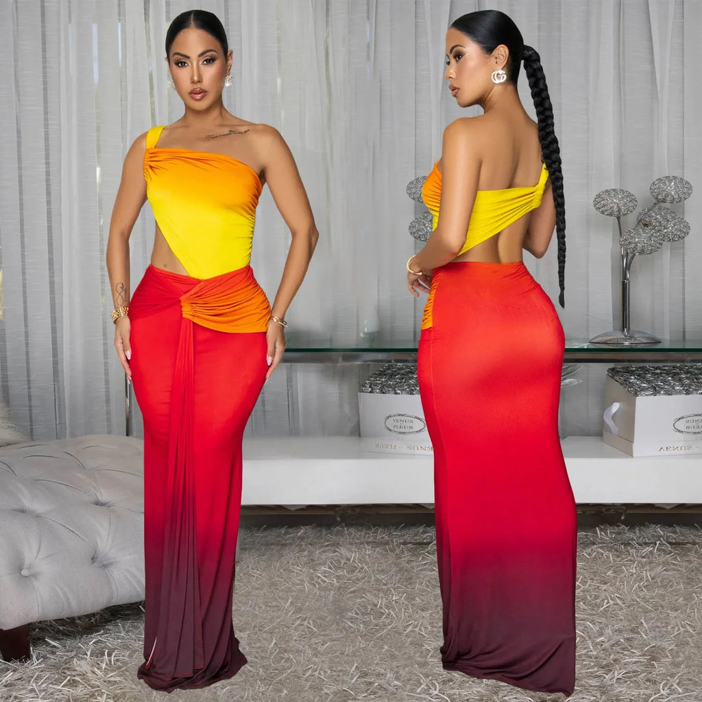 Women's gradient colour long summer dress with cross-shoulder straps and high waist design