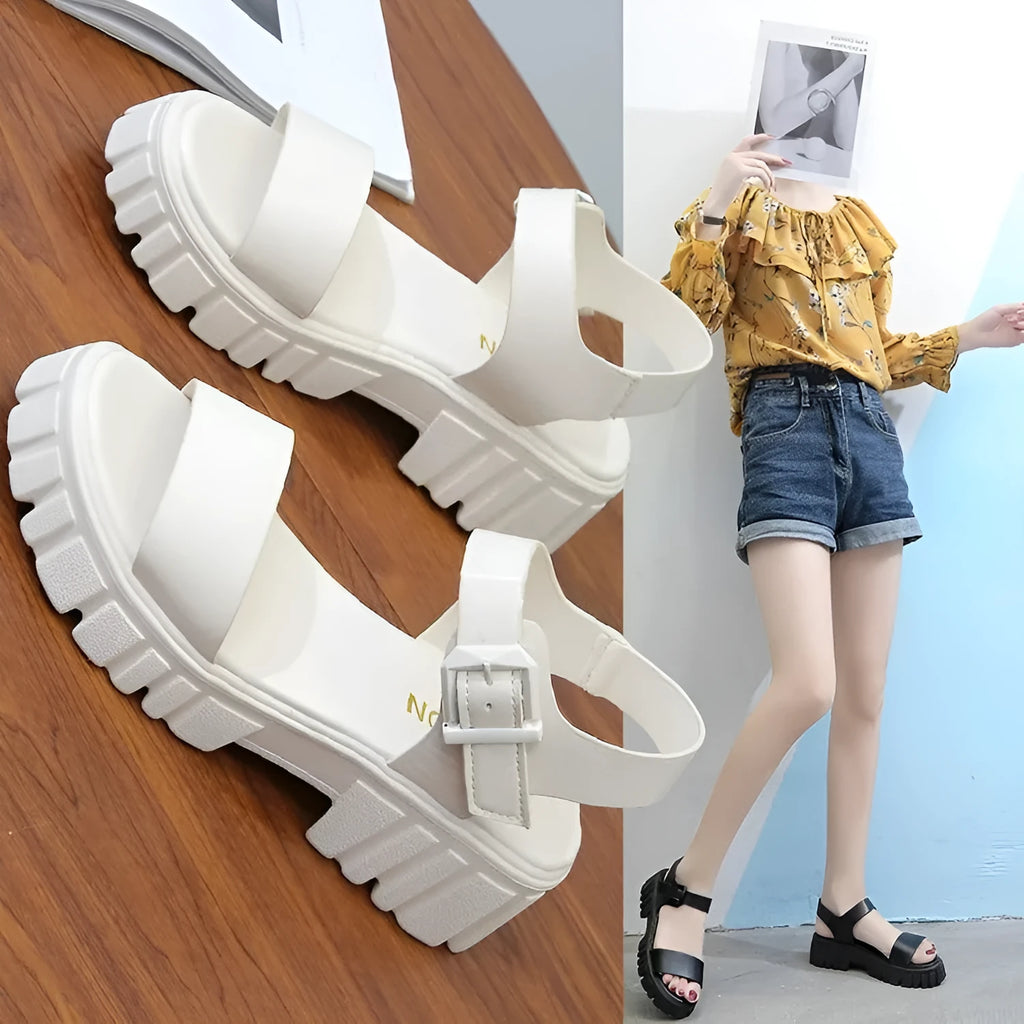 Women's beige peep toe platform sandals with adjustable ankle buckle strap on fish mouth toe design
