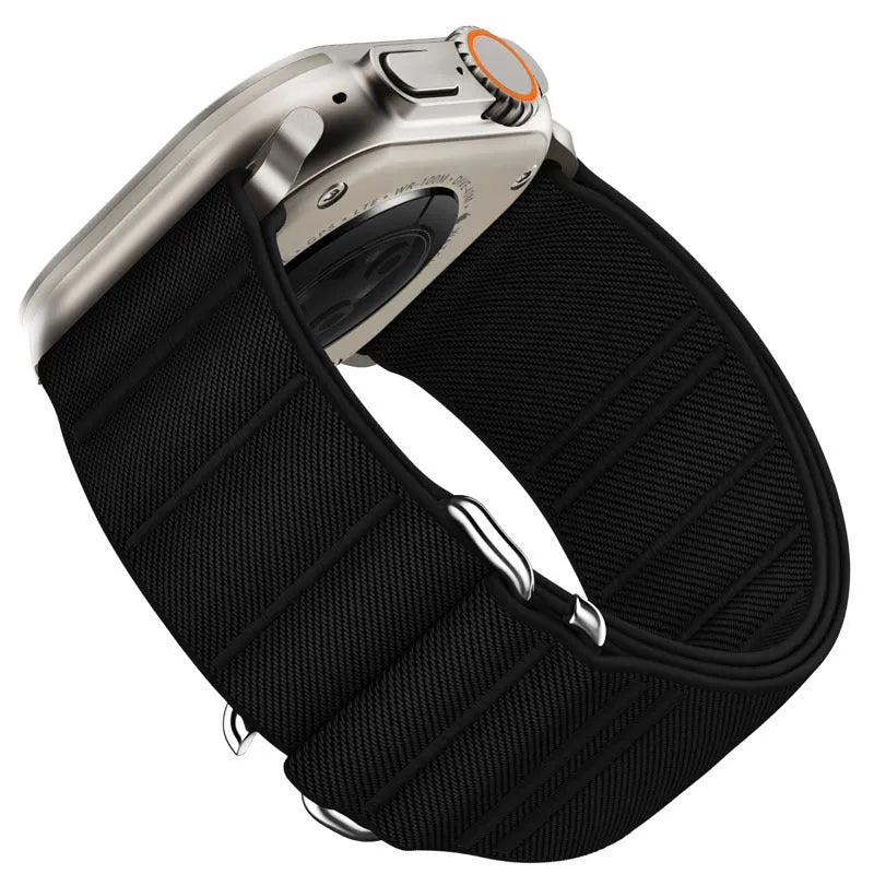 Elastic nylon Apple Watch compatible band with stainless steel buckle in sports style design