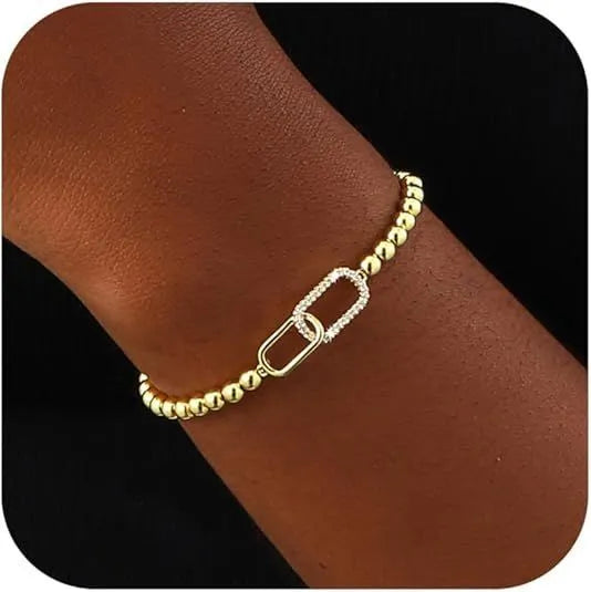 Adjustable stainless steel beaded bracelet with round geometric beads in six colour options