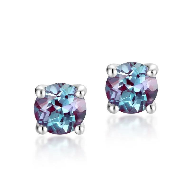 Simple style 925 silver ear studs with geometric round cultivate Alexandrite stones