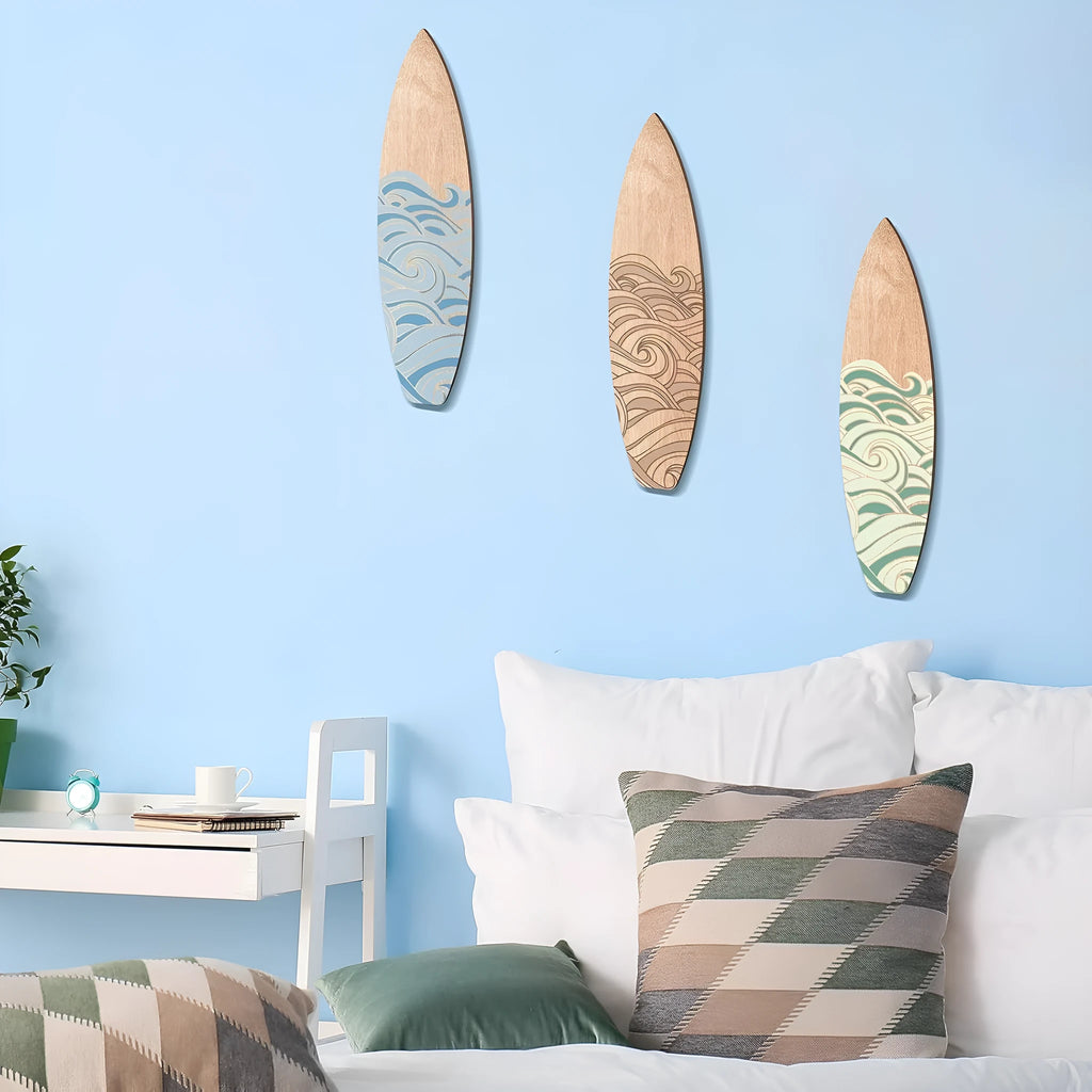 Three wooden surfboard wall decorations in boxwood with European style design