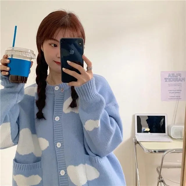Blue cloud pattern loose fit women's spandex cardigan sweater with long sleeves