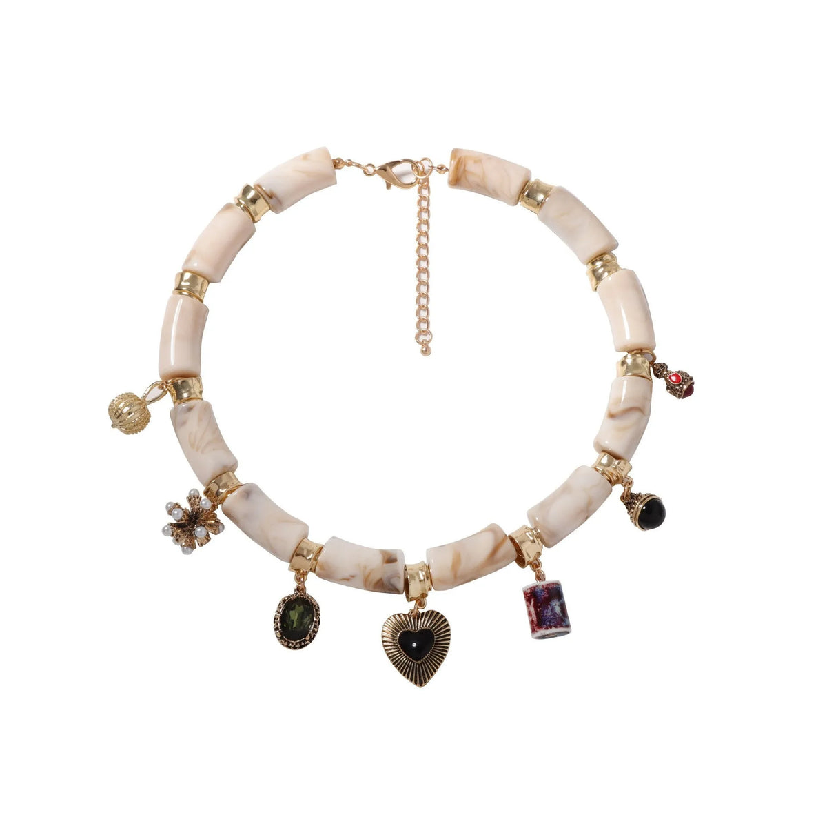 Women's resin bamboo heart necklace with electroplated metallic accents