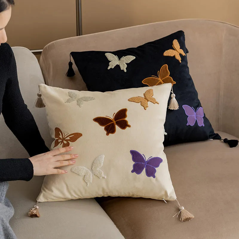 Square 45x45cm cushion with Chinese-style butterfly embroidery in beige, black, and purple colours.