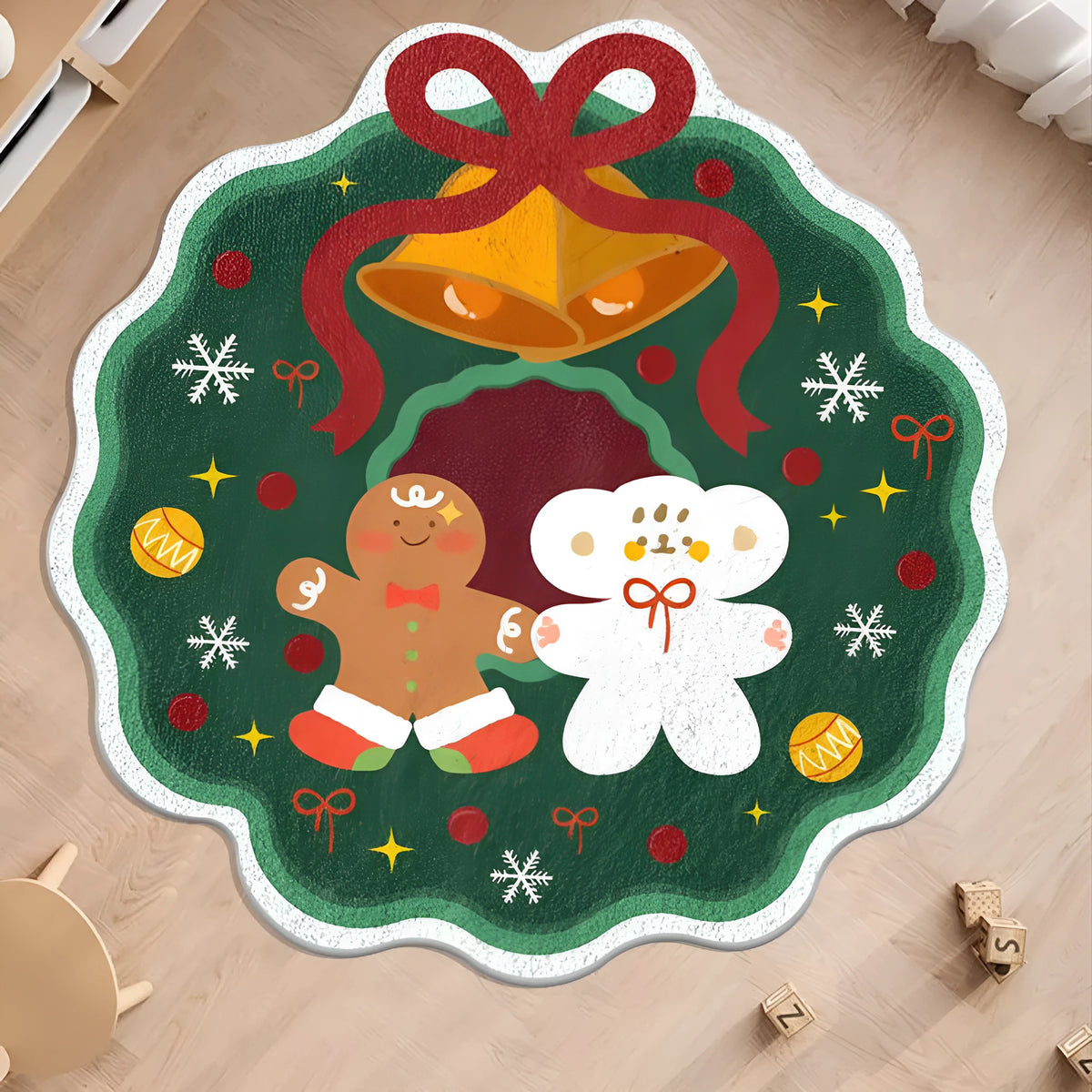 Round Christmas carpet with imitation cashmere material in festive colour design on wooden floor