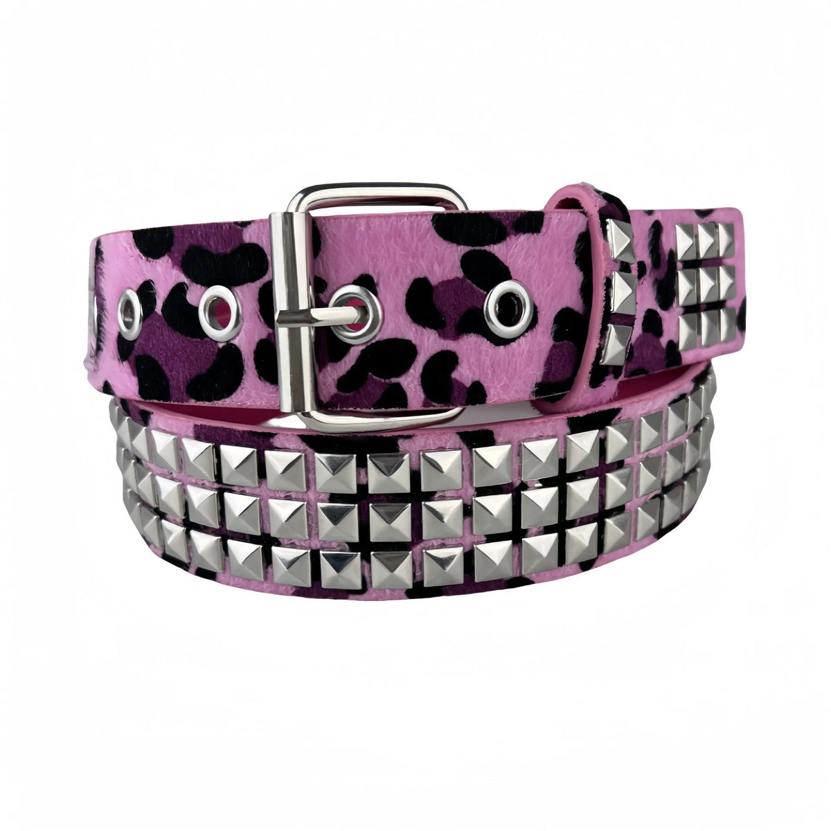 Women's brown leopard print punk belt with silver metal decorative rivets and an alloy pin buckle.
