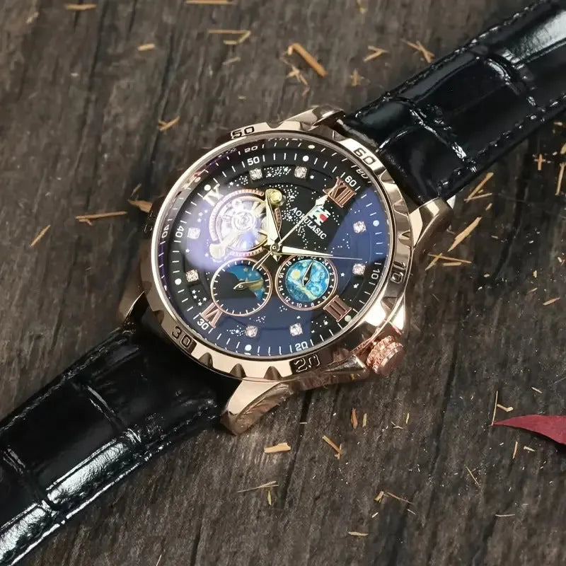 Large dial hollow automatic mechanical watch with rose gold shell and black leather strap