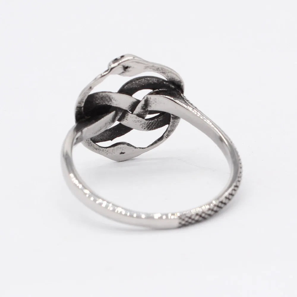 Close-up of a titanium steel ring featuring a detailed double snake design in a steel colour finish.