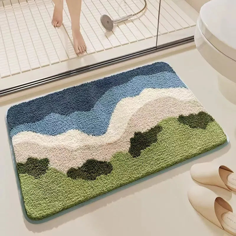 Rainbow print cashmere carpet floor mat with plastic bottom in sky and sea colours