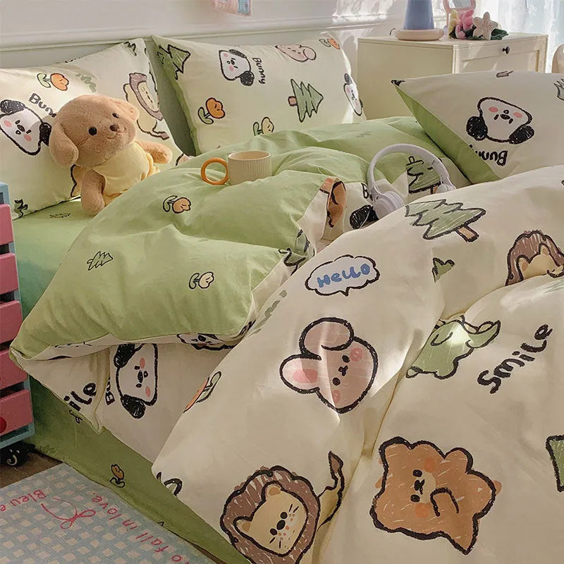 Cartoon dog pattern pure cotton four-piece bed sheet set on a bed