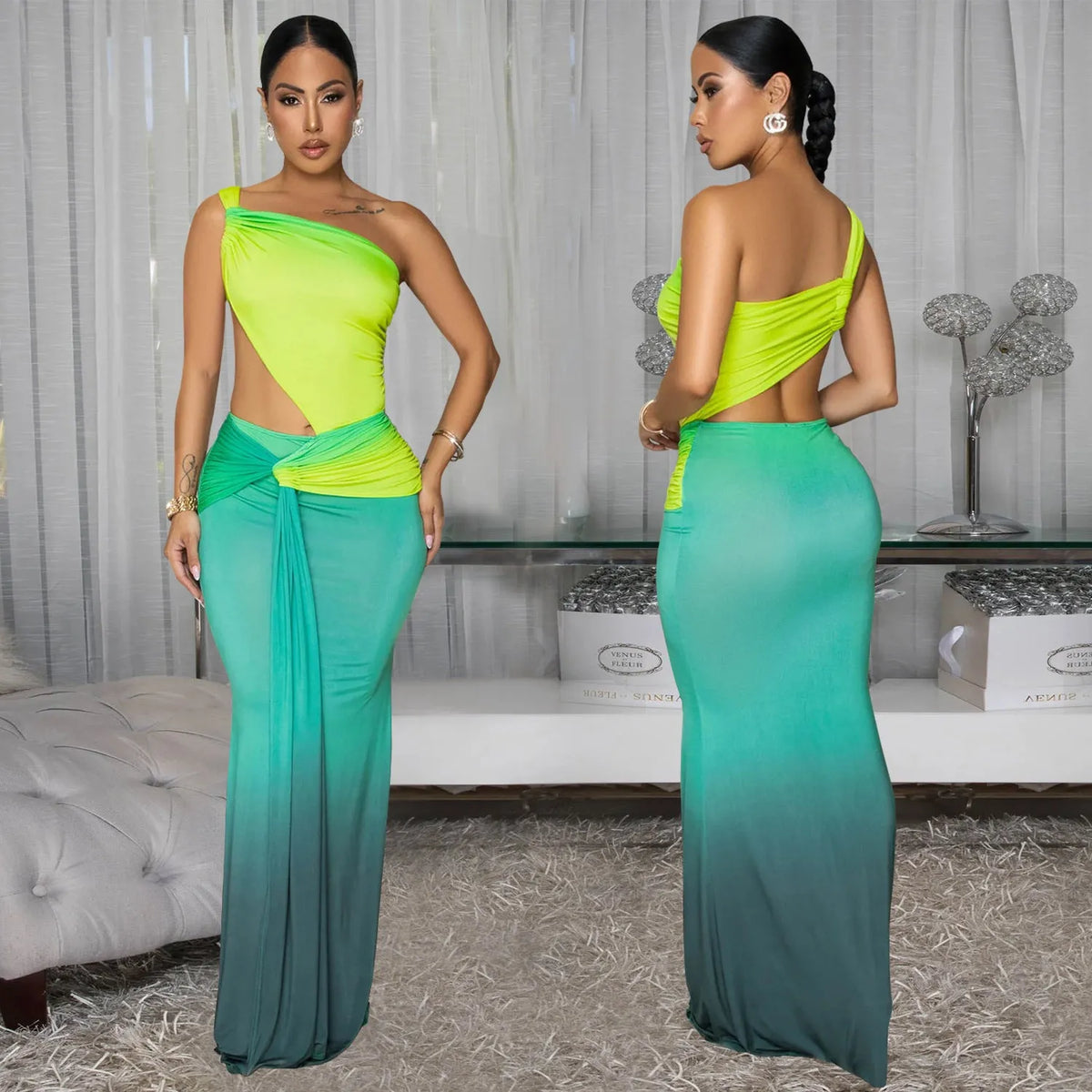 Women's gradient colour long summer dress with cross-shoulder straps and high waist design